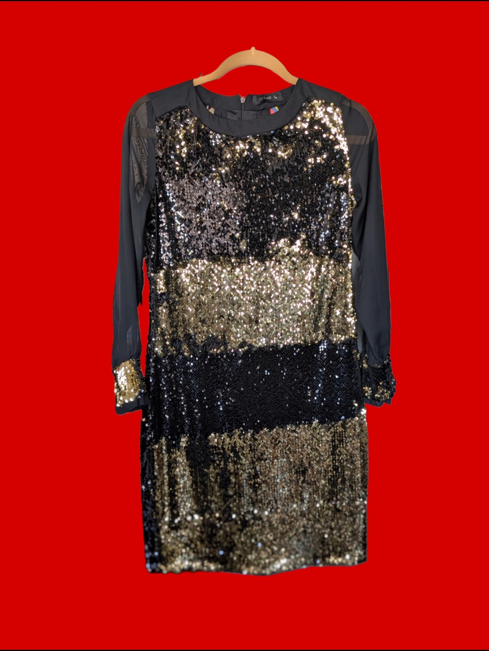 Black and Gold Mermaid Flip Sequin Long-Sleeve Glam Cocktail Dress Size 7